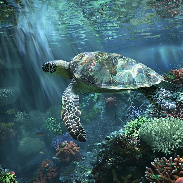 Una tortuga marina verde nada junto a un arrecife de coral