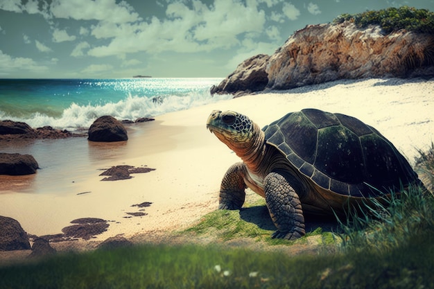 Foto tortuga muy vieja tomando el sol en una playa aislada con vista al océano a lo lejos