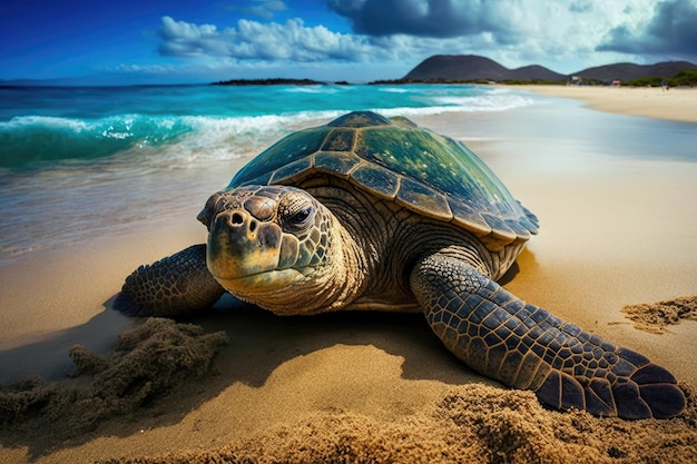 Tortuga muy vieja tomando el sol en la playa con vista al océano tranquilo