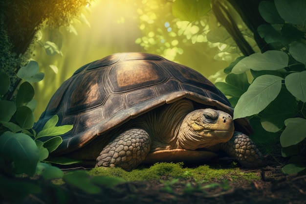 Tortuga muy vieja tomando el sol rodeada de exuberante vegetación