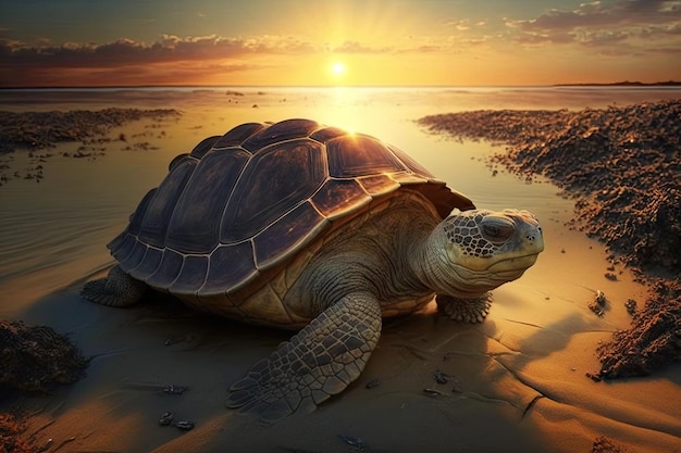 Tortuga muy vieja trepando fuera de la playa con la puesta de sol detrás de ella