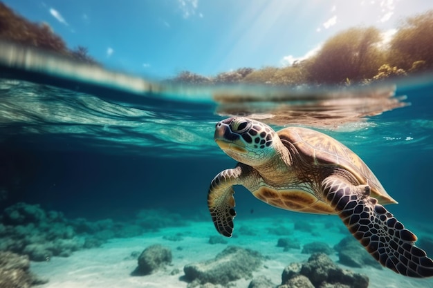 Una tortuga nada bajo el agua en las Maldivas.