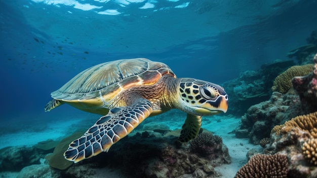 Una tortuga nada bajo el agua en las Maldivas.