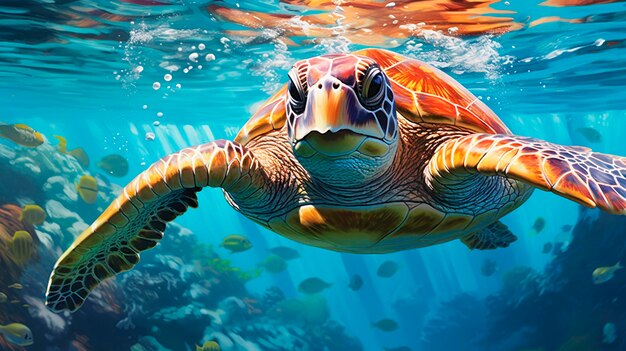 Foto la tortuga nada en el agua mar de ia generativa