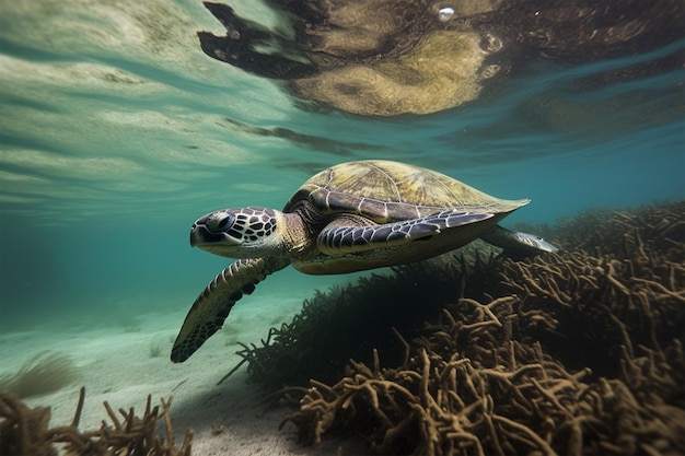 Una tortuga nada bajo el agua en México