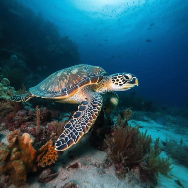 Una tortuga nada en un arrecife de coral con el sol brillando sobre ella.