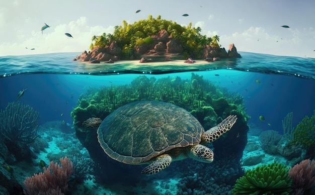 Una tortuga nada bajo una isla tropical.