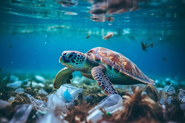 Una tortuga nada en un mar de basura.