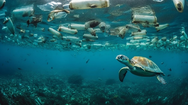 Una tortuga nada en el océano con botellas de plástico en el agua.