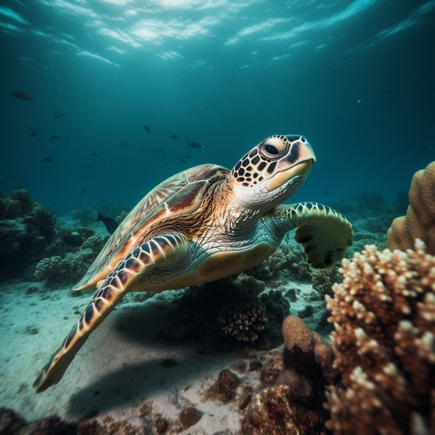 Una tortuga nada en el océano con un pez al fondo.