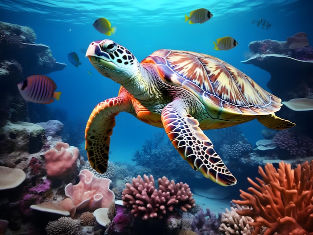 La tortuga nada sobre los coloridos corales en el océano