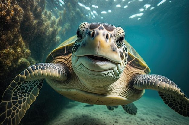 Una tortuga nadando bajo el agua en las Bahamas.