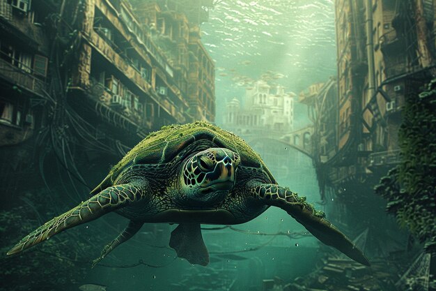 una tortuga nadando bajo el agua con un edificio en el fondo