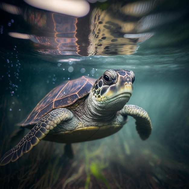 Una tortuga nadando en el agua con un fondo borroso.