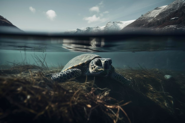 Una tortuga nadando bajo el agua con montañas al fondo