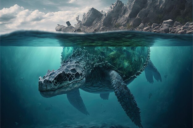 una tortuga nadando bajo el agua con montañas en el fondo