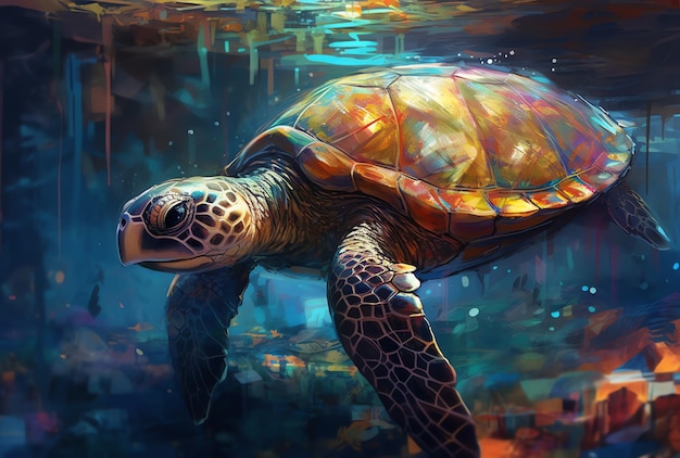 Una tortuga nadando bajo el agua con un patrón colorido.