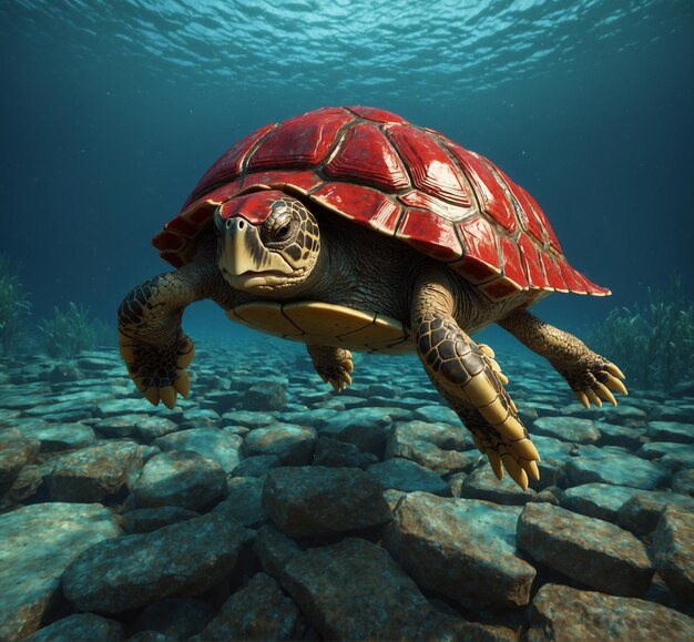 una tortuga nadando en el agua con rocas y rocas