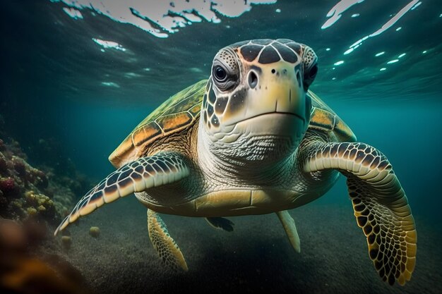 Una tortuga nadando bajo el agua con el sol brillando sobre ella.