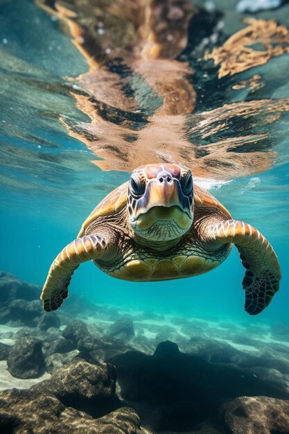 una tortuga nadando en el agua con el sol brillando en su cara