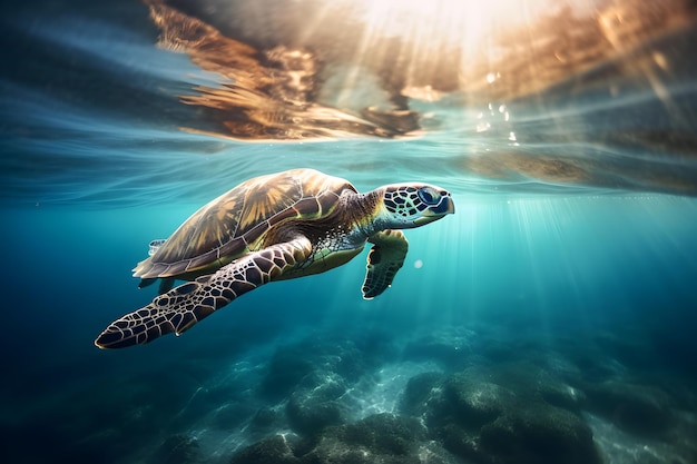 Una tortuga nadando bajo el agua.