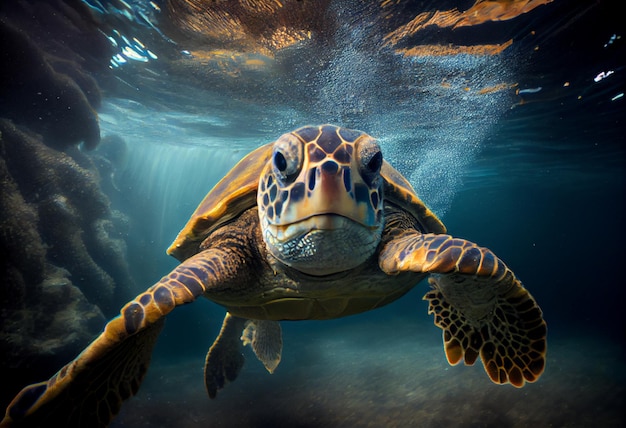 Una tortuga nadando bajo el agua