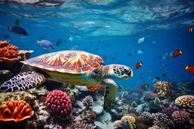 Foto una tortuga nadando al lado de un arrecife de coral con una tortuга nadando por