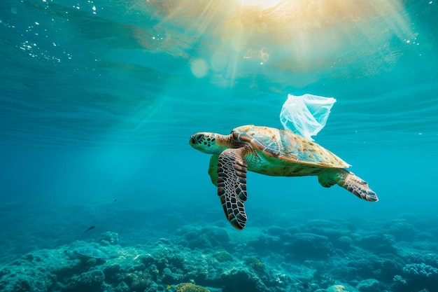 La tortuga nadando con una bolsa de plástico