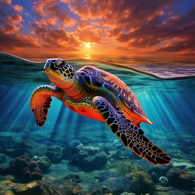 tortuga nadando en el océano al atardecer con el sol brillando a través del agua ai generativa