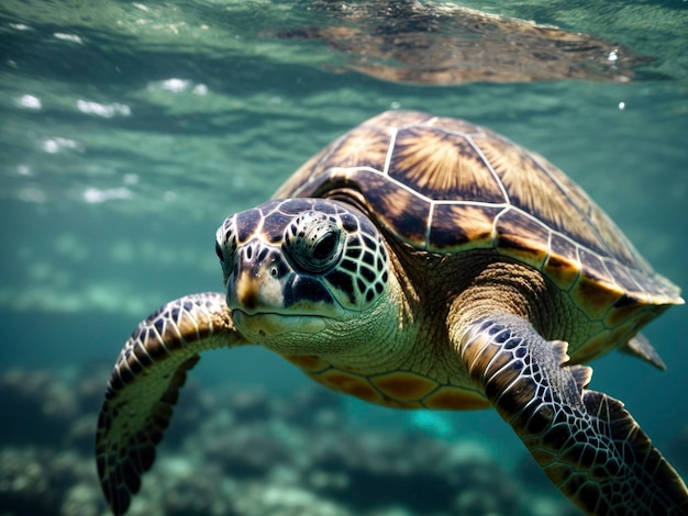 una tortuga nadando en el océano con la cabeza sobre la superficie del agua