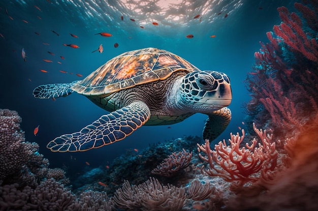 Una tortuga nadando en el océano con un pez en el fondo.