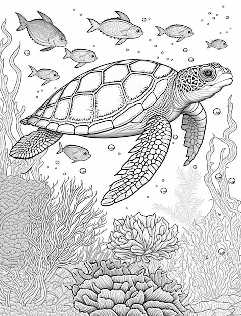 una tortuga nadando en el océano rodeada de peces y corales ai generativo
