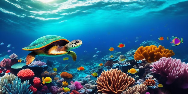 Foto una tortuga nadando sobre un colorido arrecife de coral