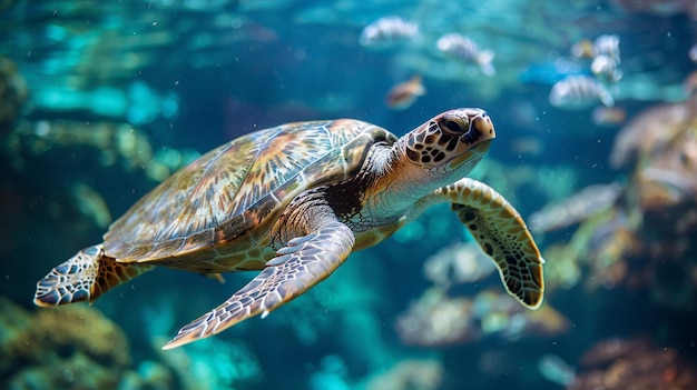 Foto una tortuga nadando en un tanque con una tortuга nadando por