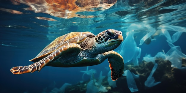 La tortuga en el océano nada entre el plástico la contaminación plástica del océano