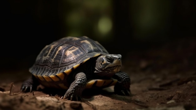 Una tortuga en un piso de tierra en la oscuridad.