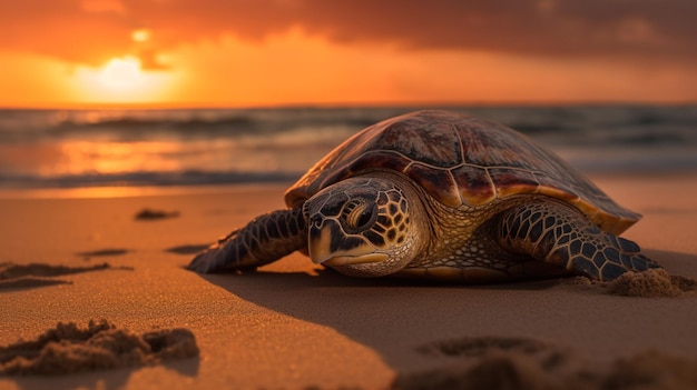 Una tortuga en la playa al atardecer