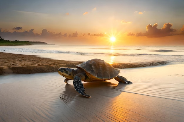 Foto una tortuga en la playa al atardecer