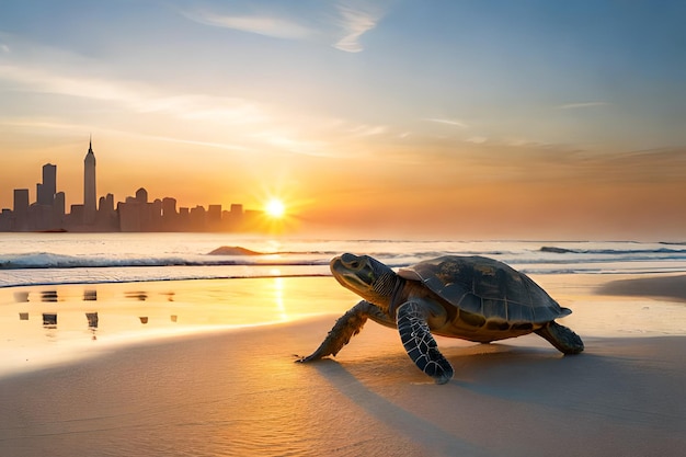 Una tortuga en una playa al atardecer.