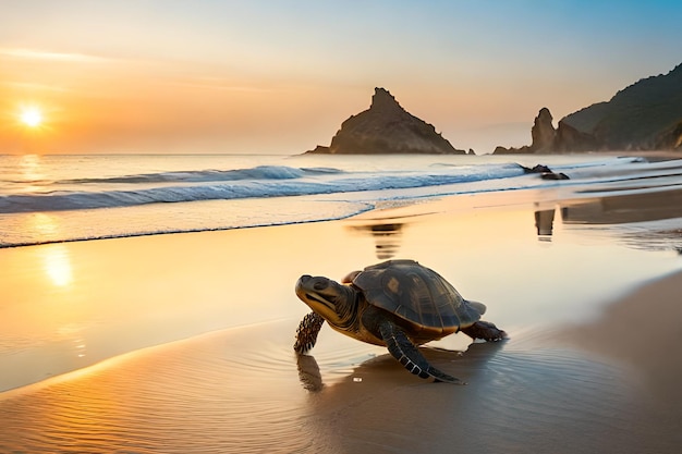 Foto una tortuga en la playa al atardecer