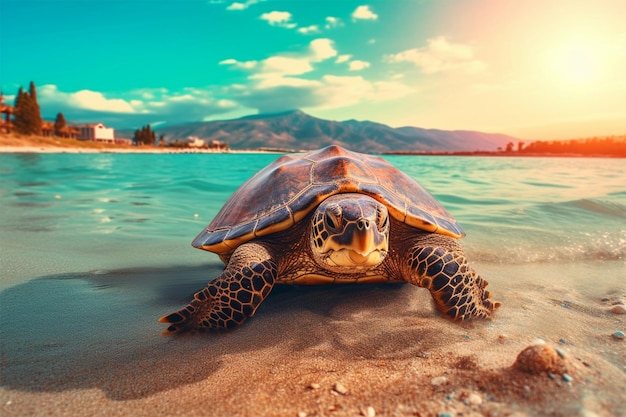 tortuga en la playa mar en el fondo