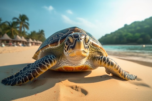 Una tortuga en una playa con palmeras al fondo