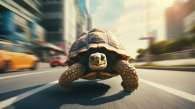 Foto la tortuga rápida corre por la ciudad.