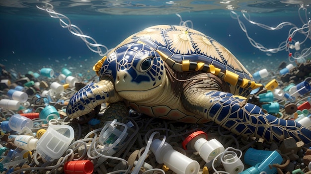 Una tortuga recostada sobre un montón de restos de plástico y otros artículos.