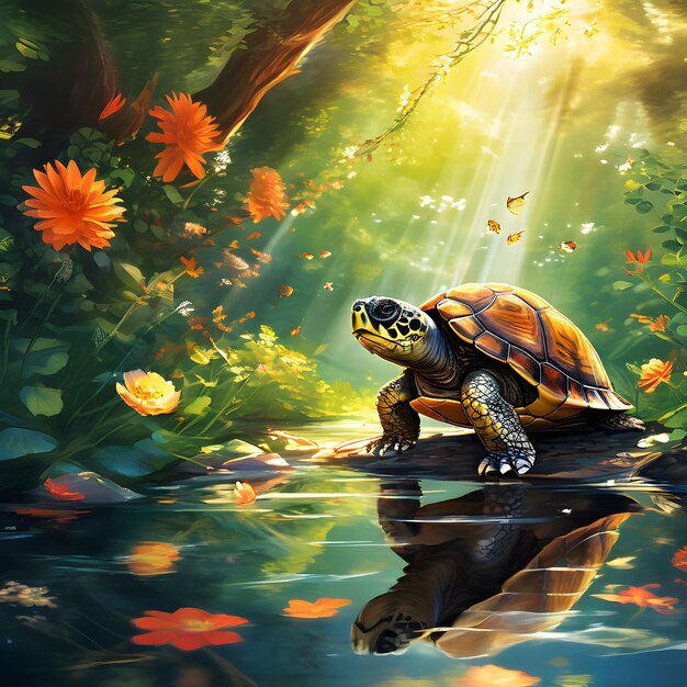 Foto una tortuga se refleja en el agua con flores en el fondo