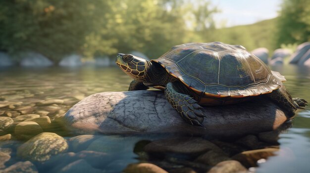 Una tortuga en una roca en el agua.