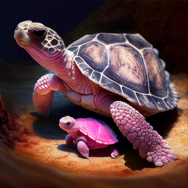 Una tortuga rosa y una tortuga bebé están sobre una roca.