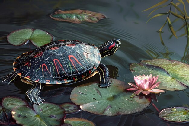 Foto una tortuga sentada en la parte superior de un lirio en un estanque