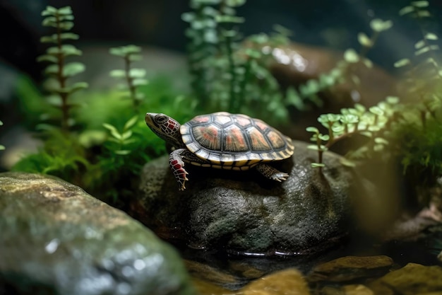 Tortuga Sobre Roca Con Agua Y Plantas IA Generativa