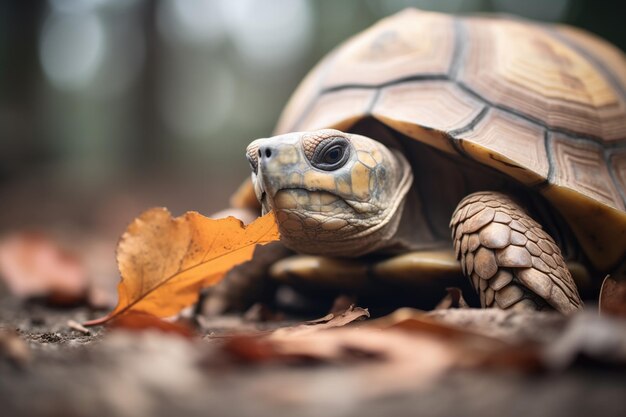 Foto tortuga en el suelo con una hoja recién arrancada